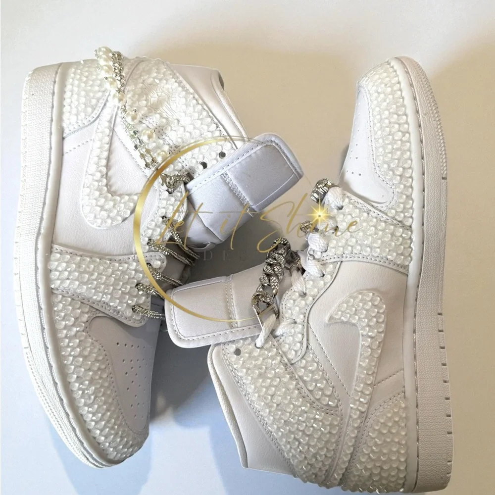White Bling Wedding Jordan 1 Mid Custom Rhinestone Sneakers - Picture 12 of 12